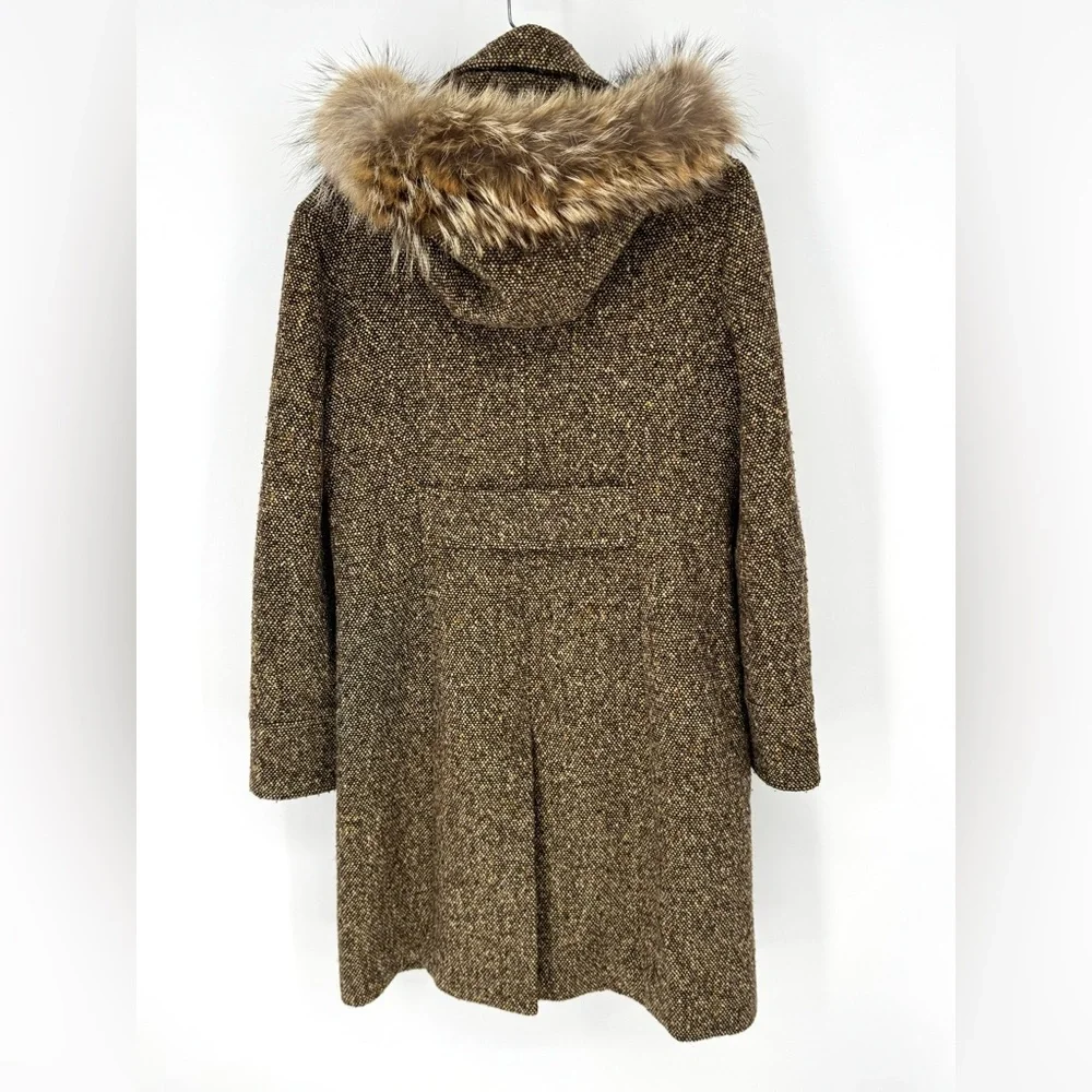 J. Crew vintage wool Brown Tweed Pea Coat with hood and  Fur Collar size 10 - Picture 2 of 11